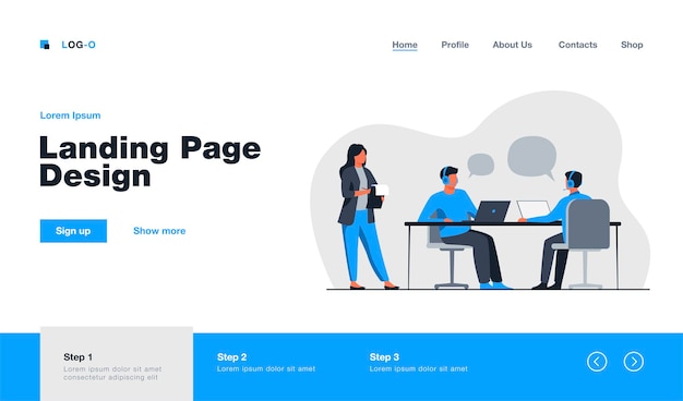 Junge Operatoren, die im Callcenter arbeiten Landing Page im flachen Stil.