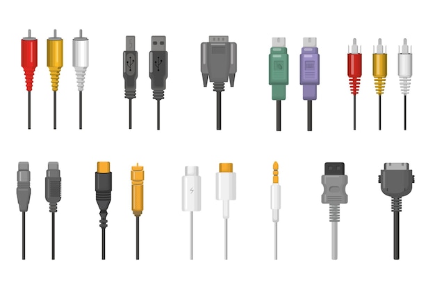 Kostenlose Vektor kabel und stecker gesetzt. kabelverbindungen für ethernet-, hdmi-, vga-, usb-, video- und audioanschlüsse