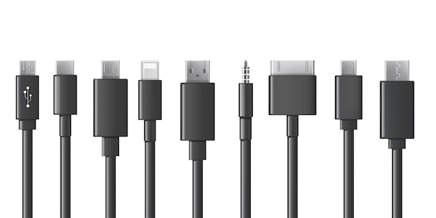 Kostenlose Vektor kabelports, ladegeräte, usb-kabel, stecker und steckerset arten von mobiltelefonkabeln sammlung von schwarzen smartphone-verbindungsdrähten auf weißem hintergrund