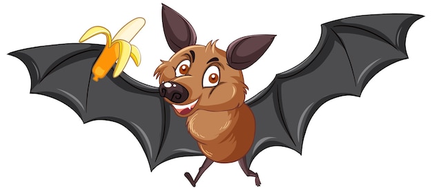 Karikaturfledermaus, der eine Banane auf weißem Hintergrund hält