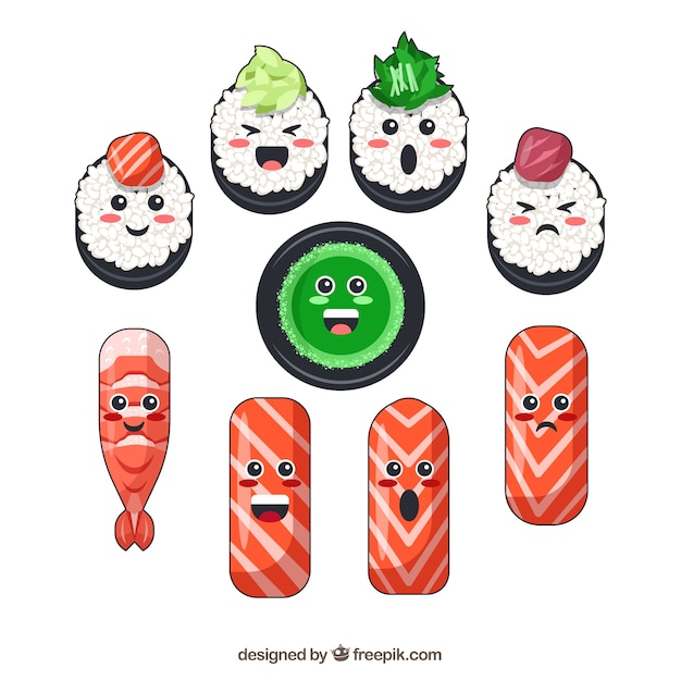 Kostenloser Vektor kawaii hand gezeichnete sushi-sammlung