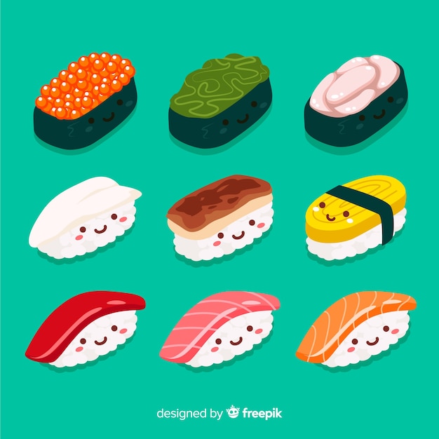 Kostenloser Vektor kawaii sushi collectio