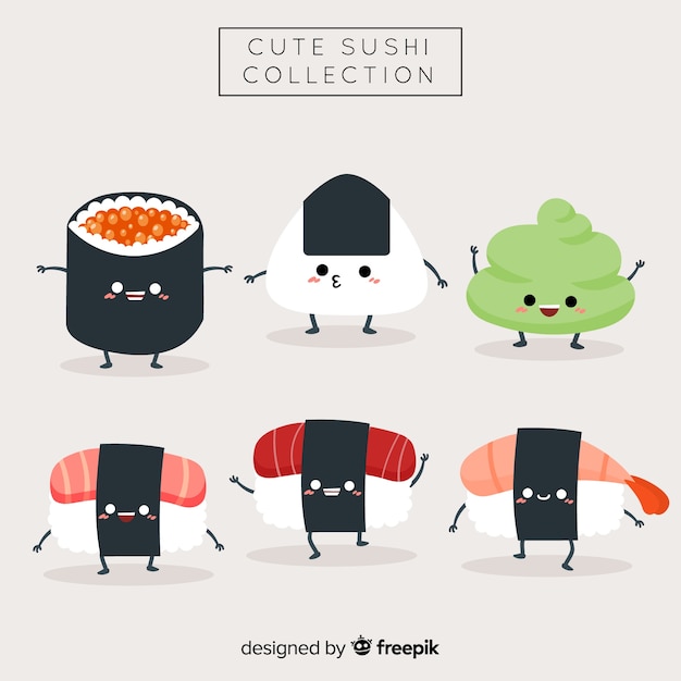 Kostenlose Vektor kawaii sushi-sammlung