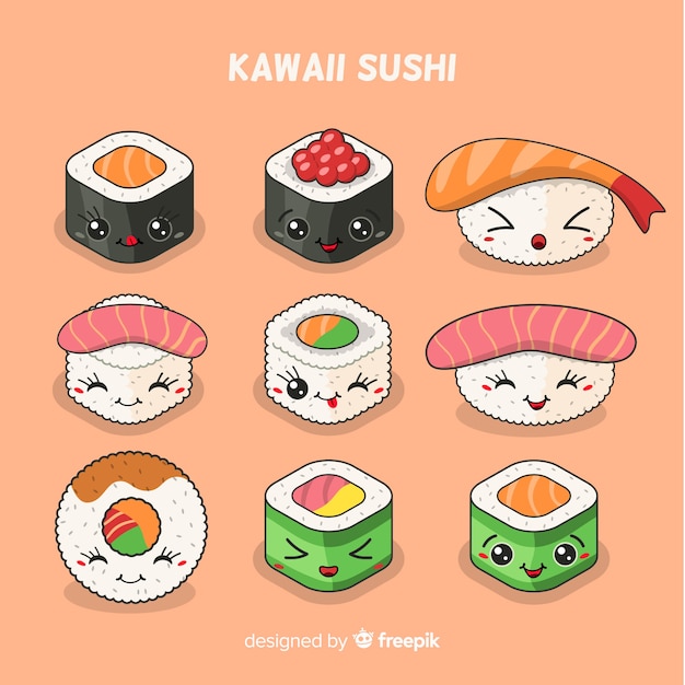 Kostenlose Vektor kawaii sushi-sammlung