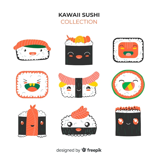 Kostenloser Vektor kawaii sushi stück packung