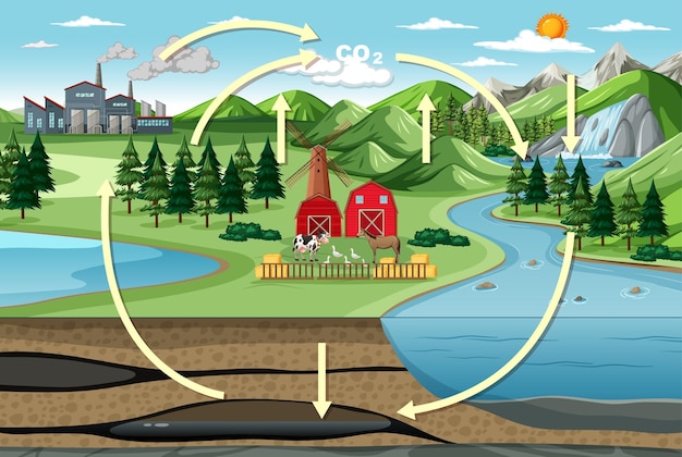 Kostenloser Vektor kohlenstoffkreislaufdiagramm mit naturhoflandschaft