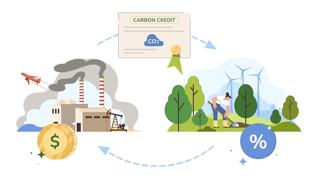 Kostenlose Vektor konzept für co2-gutschriften oder kompensationen. reduzieren sie die co2-belastung mit einer genehmigungsbescheinigung. regulierung von treibhausgasen, preisgestaltung für die kontrolle der kohlendioxidbilanz. flache vektorillustration der nachhaltigkeit