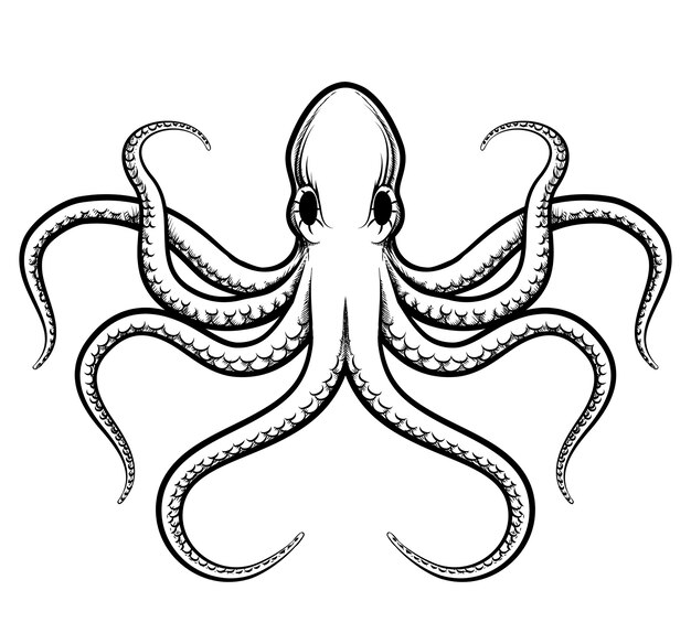 Krakenillustration. Schön gemalte schwarze Linien des Oktopus auf einem weißen Hintergrund