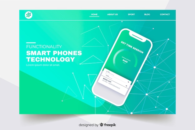 Kostenlose Vektor landing page mit smartphone auf farbverlauf grüntönen