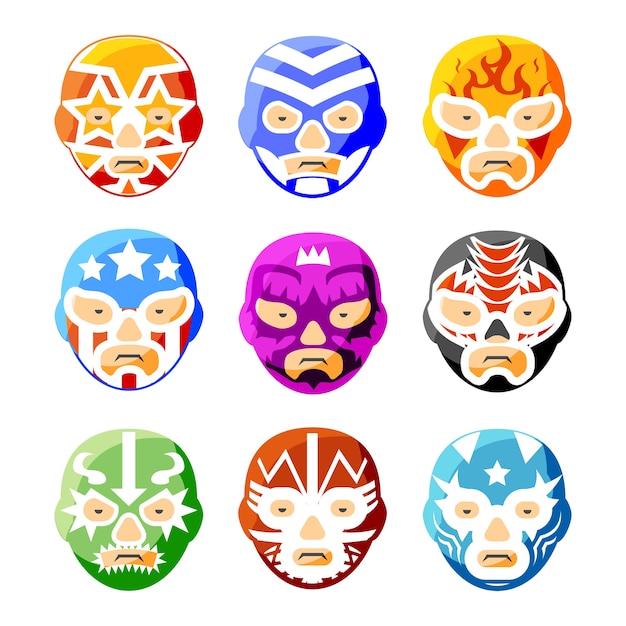 Kostenlose Vektor lucha libre, luchador mexikanische wrestling masken farbsymbole eingestellt. charaktergesichtsperson, sportkostümsymbol