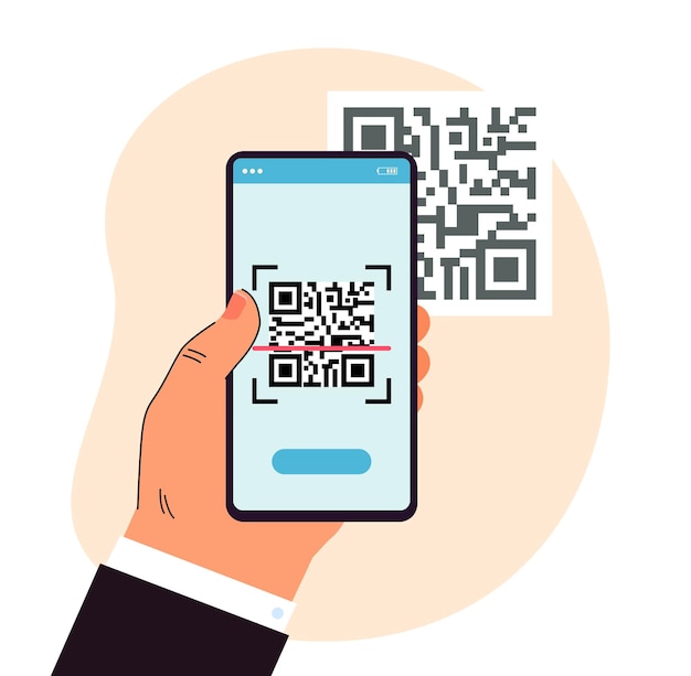 Kostenlose Vektor mann scannt qr-code mit handy. männliches handhaltegerät auf code gerichtet. modernes technologiekonzept für banner, website-design oder landing-webseite