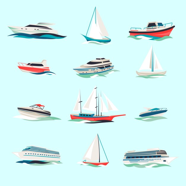 Marine Boote Kreuzfahrt Meer Reise Yacht Motor Schiffe flache Icons Set mit Jet Cutter abstrakt isoliert Vektor-Illustration