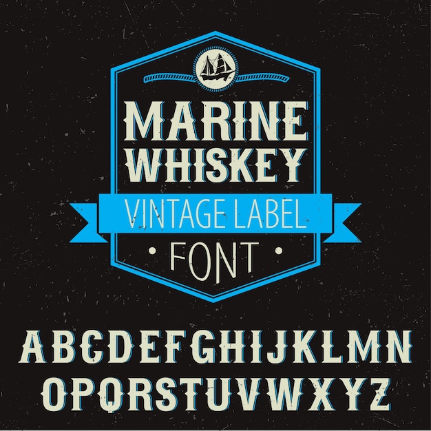 Kostenlose Vektor marine whisky label schriftplakat mit dekoration und alphabet auf schwarzer illustration