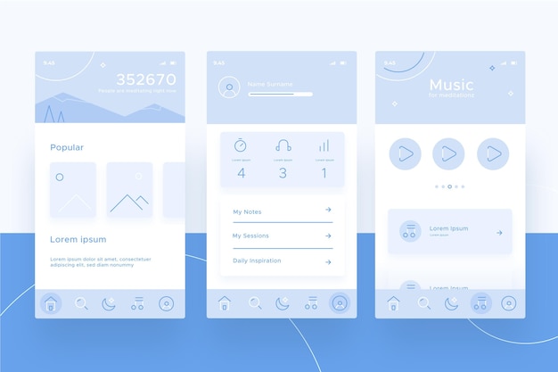 Kostenloser Vektor meditation app bildschirme sammlung