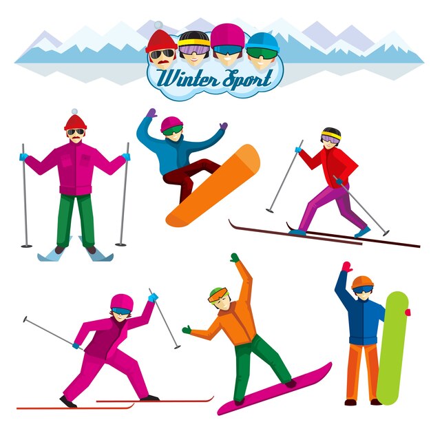 Menschen im Wintersport. Urlaub Frau und Mann, Skifahrer und Freizeit, extreme Erholung Illustration. Vektorzeichen im flachen Stil