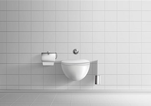 Kostenlose Vektor minimalistic realistisches innenmodell des modernen toilettenraumes mit weißen fliesenwänden und boden