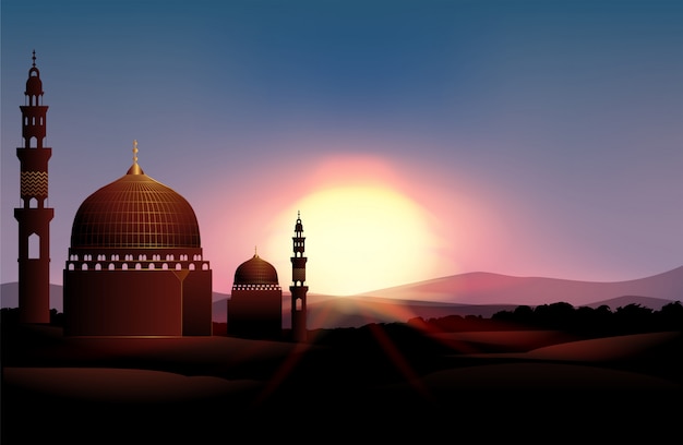 Kostenlose Vektor moschee auf dem feld bei sonnenuntergang