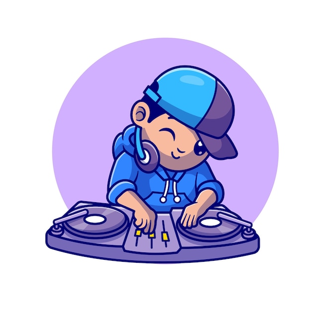 Kostenlose Vektor netter dj, der musik-karikatur-vektor-symbol-illustration spielt. menschen musik icon konzept isoliert premium-vektor. flacher cartoon-stil