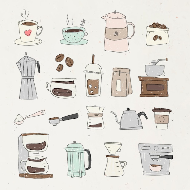 Kostenlose Vektor netter kaffee-doodle-design-element-set