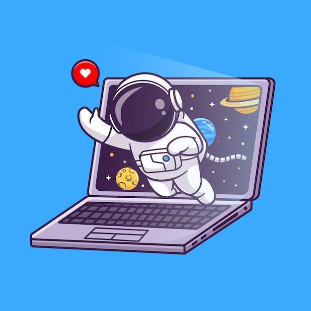 Kostenlose Vektor niedlich, astronaut, aus, laptop, raum, karikatur, vektor, symbol, illustration. wissenschaftstechnologie isoliert