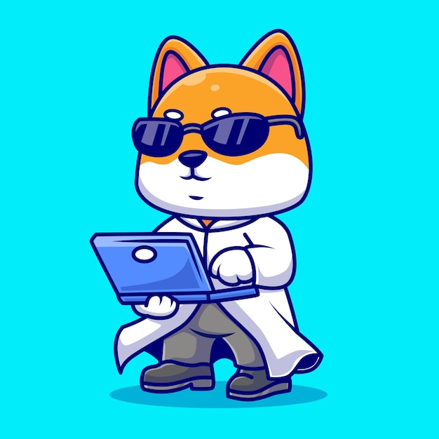 Kostenlose Vektor niedlich, shiba inu, hund, proffesor, mit, laptop, karikatur, vektor, symbol, abbildung, tier, technologie, symbol