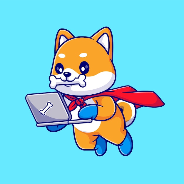 Kostenlose Vektor niedlich, shiba inu, hund, superheld, spielen, laptop, karikatur, vektor, symbol, illustration. tierische technologie