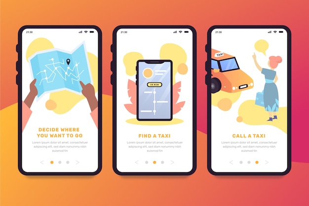 Kostenlose Vektor onboarding-app-bildschirme für taxiservices