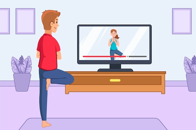 Kostenloser Vektor online-yoga-klassenkonzept mit mann und fernseher