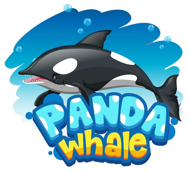 Kostenlose Vektor orca- oder killerwal-cartoon-figur mit panda whale-schriftart-banner isoliert