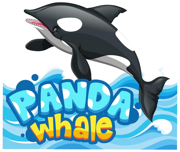 Kostenlose Vektor orca- oder killerwal-cartoon-figur mit panda whale-schriftart-banner isoliert