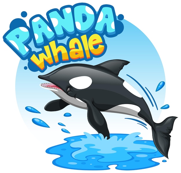 Kostenlose Vektor orca- oder killerwal-cartoon-figur mit panda whale-schriftart isoliert