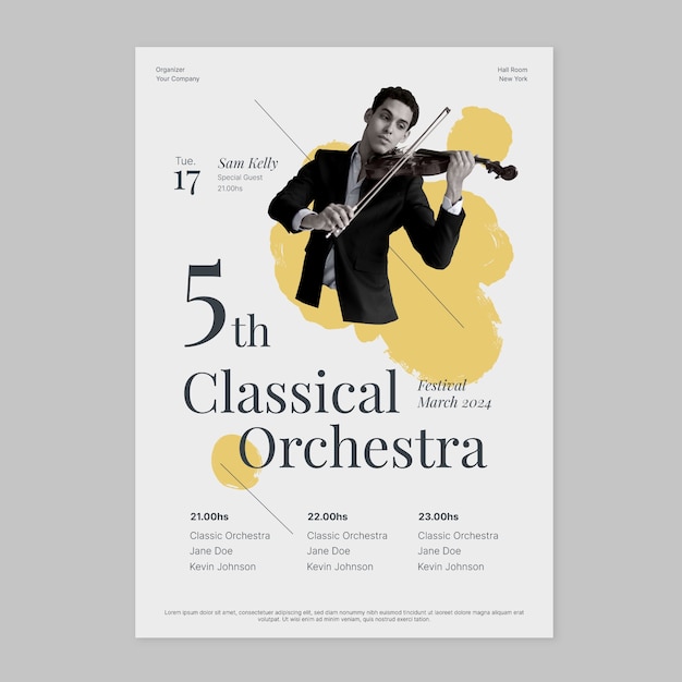 Kostenloser Vektor plakat für ein konzert mit einem flachen orchester