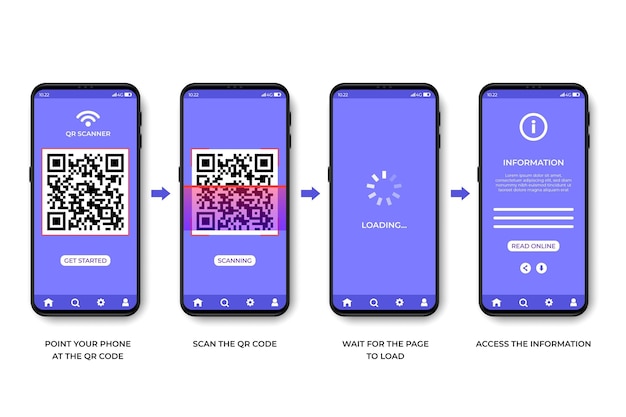 Kostenloser Vektor qr-code-scan-schritte auf dem smartphone