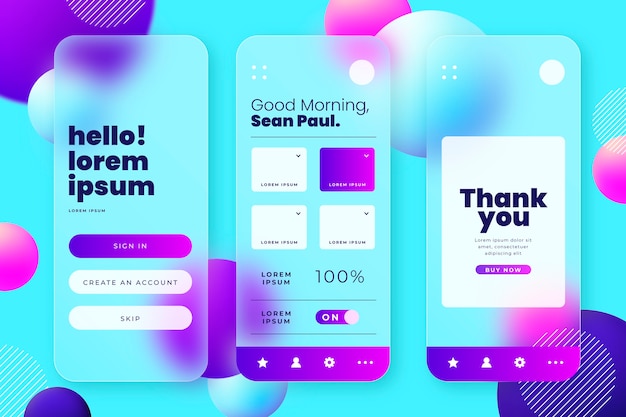 Kostenlose Vektor realistische mobile app-vorlage für glasmorphismus