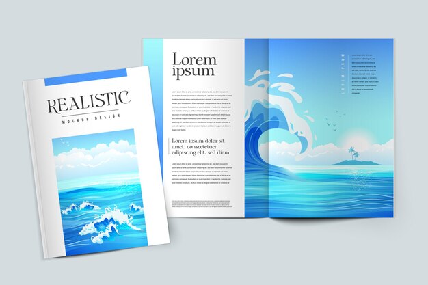 Realistisches farbiges Mockup-Design des Zeitschriftencovers auf der Illustration zum Thema Marine