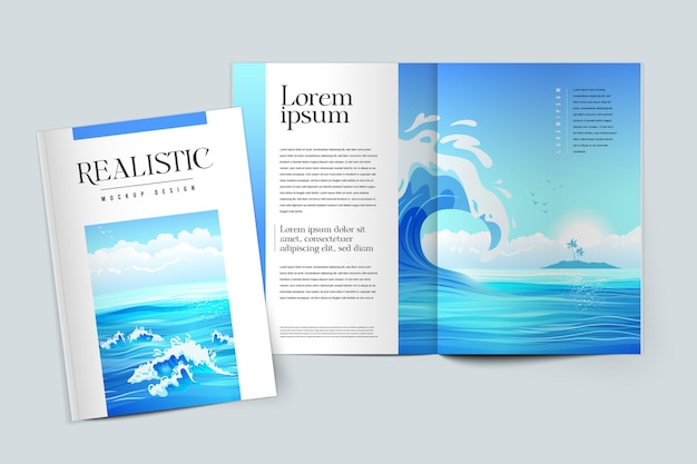 Realistisches farbiges Mockup-Design des Zeitschriftencovers auf der Illustration zum Thema Marine