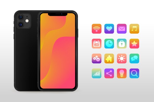 Realistisches schwarzes Smartphone mit verschiedenen Apps