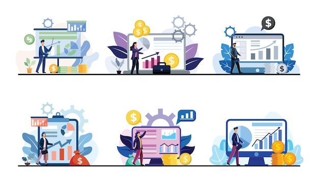 Kostenlose Vektor reihe von geschäften und transaktionen mit diagrammen, die die betriebsergebnisse auf computermonitoren und bildschirmen anzeigen. geschäftskonzept flache designillustration