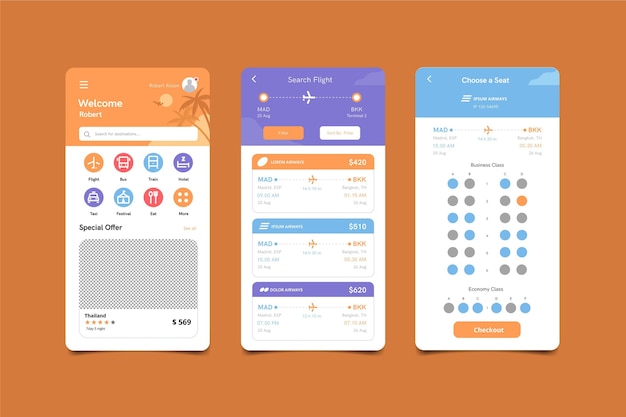 Kostenloser Vektor reisebuchungs-app-bildschirme