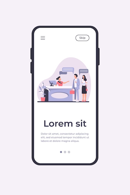 Kostenloser Vektor rezeption job vektor-illustration mobile app vorlage. kundenberater an der rezeption. touristen checken im hotel ein und stehen am schreibtisch in der lobby