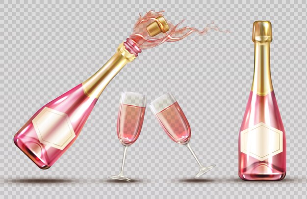 Rosa Champagner-Explosionsflasche und Weinglasset