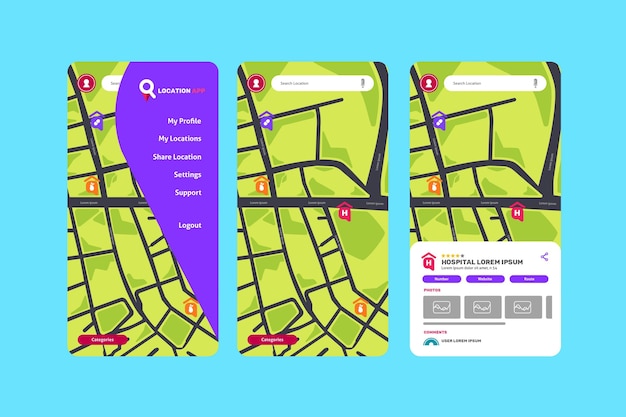 Kostenlose Vektor sammlung von standort-app-bildschirmen
