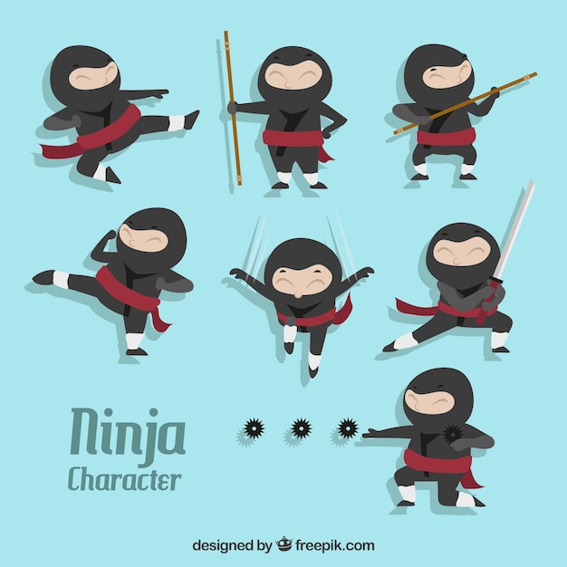 Kostenlose Vektor satz des traditionellen ninja-charakters mit flachem design