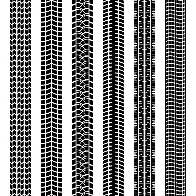 Satz Schwarzweiss-Reifenspuren oder -abdrücke, die durch die Laufflächen auf den Reifen der geraden nahtlosen Vektormuster des Fahrzeugs oder der Maschine in Schmutzschlamm oder Schnee zurückgelassen wurden