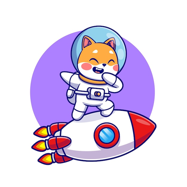 Kostenlose Vektor schöne shiba inu hund reiten rakete mit dabbing cartoon vector icon illustration tierwissenschaft flach