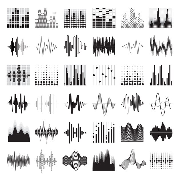 Schwarze weiße Ikonen des Audioentzerrers stellten flach lokalisierte Vektorillustration ein