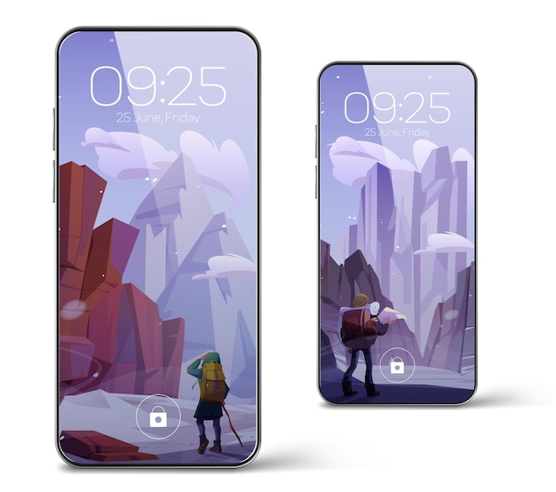 Kostenlose Vektor smartphone mit bildschirmschoner-hintergrundbild mit winterberglandschaft und wanderer