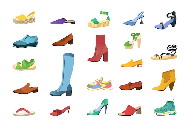 Stilvolle Schuhe Cartoon-Vektor-Illustration-Set. Elegante und lässige Schuhe, saisonale Sommersandalen, Herbststiefel, Turnschuhe. Sammlung von flachen und hochhackigen Schuhen für Männer und Frauen. Modekonzept