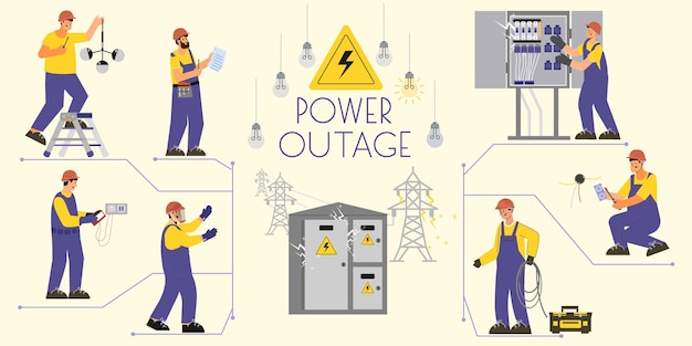 Kostenloser Vektor stromausfall-infografiken mit flachen symbolen von glühbirnen-stromleitungen und elektrikern mit ausrüstungsbildern, vektorgrafik