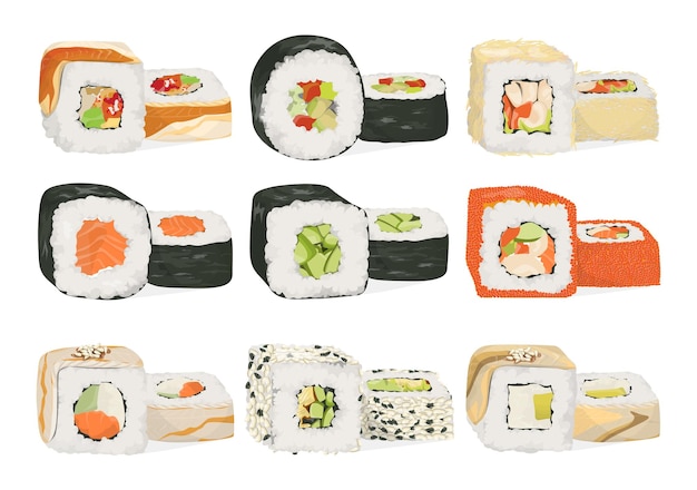 Kostenloser Vektor sushi-rollen-set verschiedene füllungen wie fischgemüse und käse